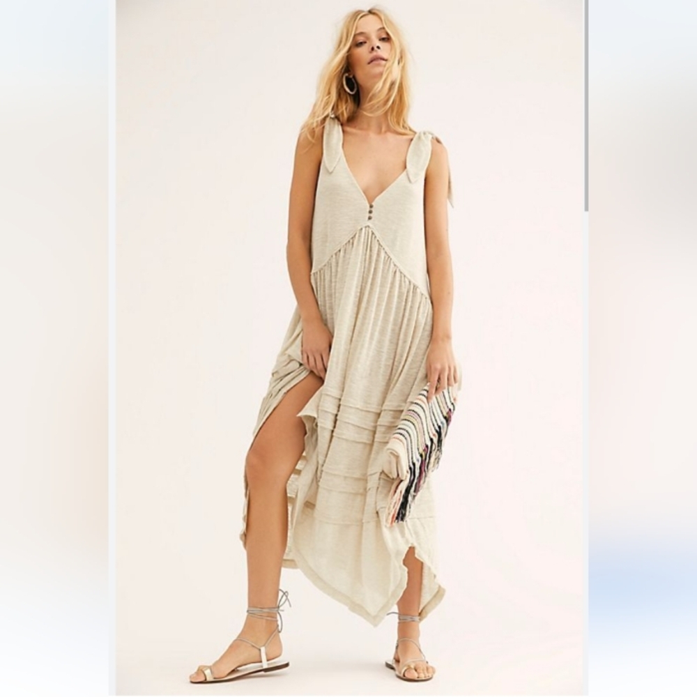 NWT Free People FP Beach Peyton Midi Maxi Dress Cream Asymmetrical Tie Straps